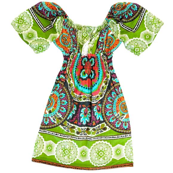 Boho Off Shoulder Peasant Dress | Vibrant Hippie Print | Smocked Mini Dress - Picture 1 of 11